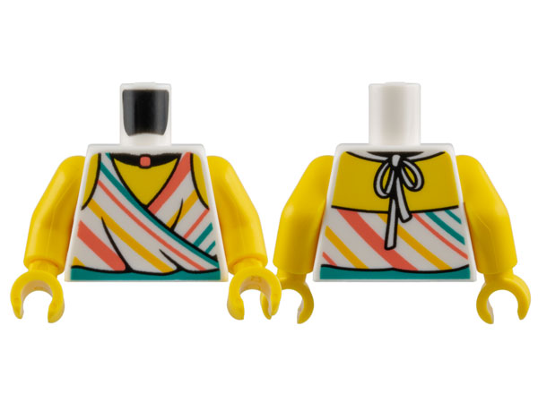 Torso Halter Top with Bright Light Orange, Coral, and Dark Turquoise Diagonal Stripes, Black Choker Necklace, Yellow Neck and Shoulders Pattern / Yellow Arms / Yellow Hands