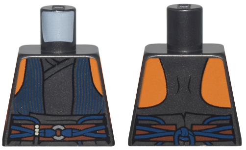 Torso SW Vest Open with Dark Blue Pinstripes over Tunic, Reddish Brown Belt with Cords and Silver Ring, Orange Shoulders Pattern