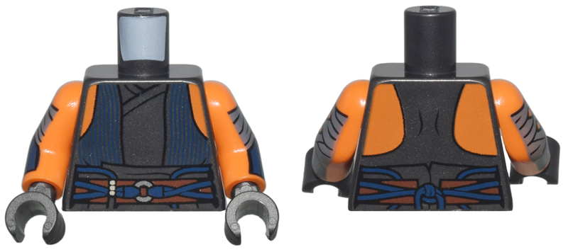 Torso SW Vest Open with Dark Blue Pinstripes over Tunic, Reddish Brown Belt with Cords and Silver Ring, Orange Shoulders Pattern / Orange Arms with Dark Bluish Gray Wrappings and Dark Blue Bracers Pattern / Pearl Dark Gray Hands