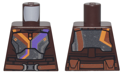Torso SW Dark Silver Mandalorian Armor Plates with Dark Purple, Orange, and Silver Stripes, Reddish Brown Belt with Buckle and Pouches Pattern