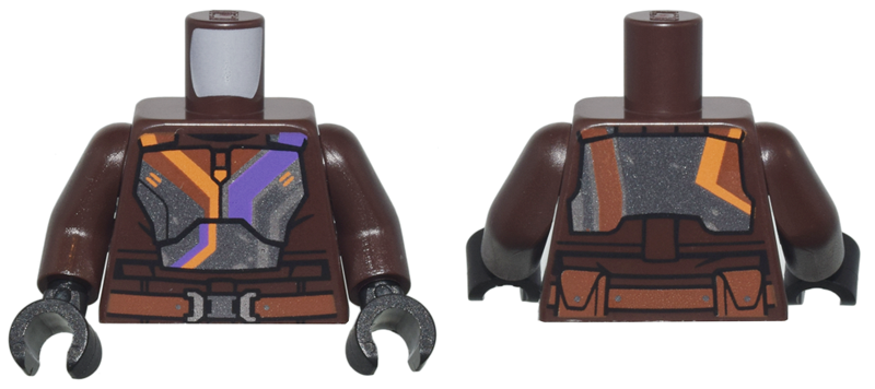 Torso SW Dark Silver Mandalorian Armor Plates with Dark Purple, Orange, and Silver Stripes, Reddish Brown Belt with Buckle and Pouches Pattern / Dark Brown Arms / Black Hands