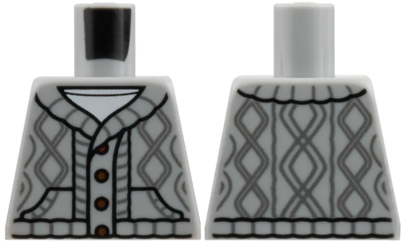 Torso Knit Cable Cardigan Sweater with Dark Bluish Gray Lines, Dark Brown Buttons, and Pockets over White Shirt Pattern