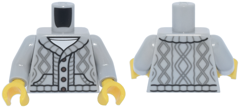 Torso Knit Cable Cardigan Sweater with Dark Bluish Gray Lines, Dark Brown Buttons, and Pockets over White Shirt Pattern / Light Bluish Gray Arms / Yellow Hands