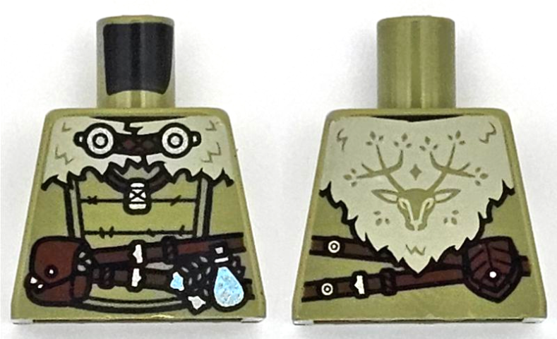 Torso Viking Tunic with Tan Collar, Reddish Brown Belts and Pouches, Silver Buttons, Deer Head on Back Pattern