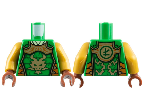 Torso Armor, Gold Mantle and Dragon, Dark Orange Trim, Dark Green Ninjago Logogram Letter L on Back Pattern / Pearl Gold Arms / Reddish Brown Hands