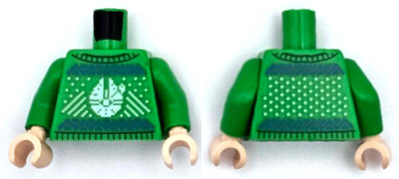Torso Knit Fair Isle Holiday Sweater with White Dots and SW Millennium Falcon, Blue Zigzag Lines Pattern / Bright Green Arms / Light Nougat Hands