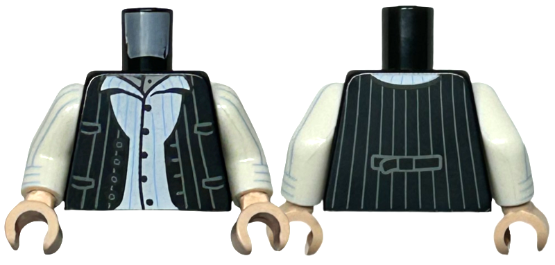 Torso Vest Open with Buttons, Pockets, and Dark Bluish Gray Pinstripes over White Button Up Shirt with Medium Blue Pinstripes Pattern / White Arms with Medium Blue Pinstripes, Cuffs Pattern / Light Nougat Hands