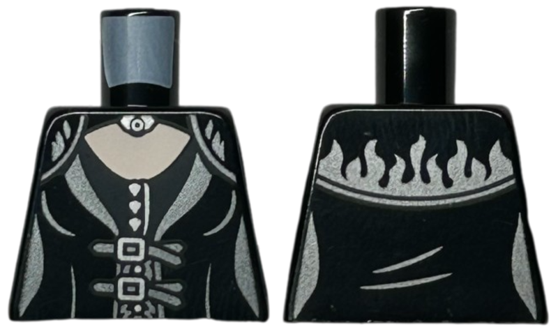 Torso Female Dress Top with Dark Silver Hem, Flames, and Straps, Silver Buckles, Buttons, and Brooch, Light Nougat Neck Pattern