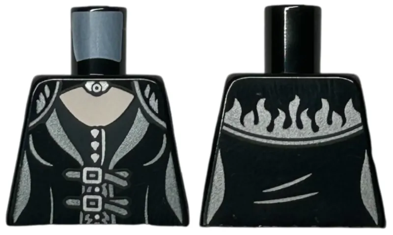 Torso Female Dress Top with Dark Silver Hem, Flames, and Straps, Silver Buckles, Buttons, and Brooch, Light Nougat Neck Pattern