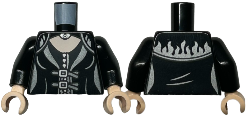 Torso Female Dress Top with Dark Silver Hem, Flames, and Straps, Silver Buckles, Buttons, and Brooch, Light Nougat Neck Pattern / Black Arms / Light Nougat Hands