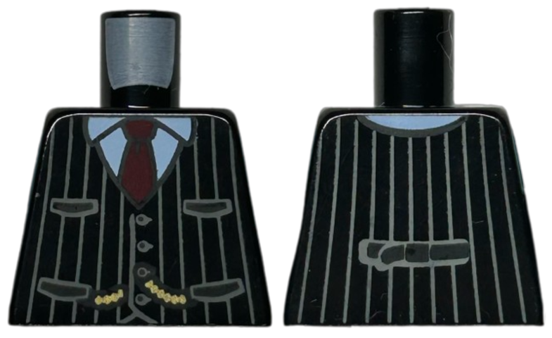 Torso Vest with Buttons, Pockets, and Dark Bluish Gray Pinstripes over Bright Light Blue Shirt, Gold Chains, Dark Red Tie Pattern