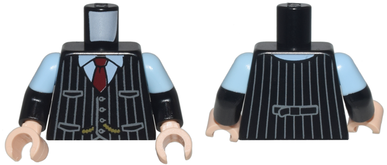 Torso Vest with Buttons, Pockets, and Dark Bluish Gray Pinstripes over Bright Light Blue Shirt, Gold Chains, Dark Red Tie Pattern / Black Arms with Molded Bright Light Blue Short Sleeves Pattern / Light Nougat Hands