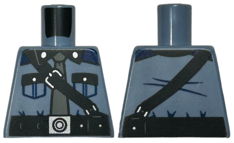 Torso Shirt with Pockets, Black Collar, Dark Blue Shoulders, and Silver Buttons, Belt and Strap with Buckles, Dark Bluish Gray Tie Pattern