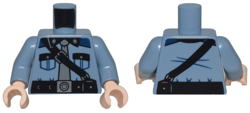 Torso Shirt with Pockets, Black Collar, Dark Blue Shoulders, and Silver Buttons, Belt and Strap with Buckles, Dark Bluish Gray Tie Pattern / Sand Blue Arms / Light Nougat Hands