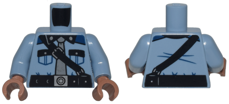 Torso Shirt with Pockets, Black Collar, Dark Blue Shoulders, and Silver Buttons, Belt and Strap with Buckles, Dark Bluish Gray Tie Pattern / Sand Blue Arms / Medium Brown Hands