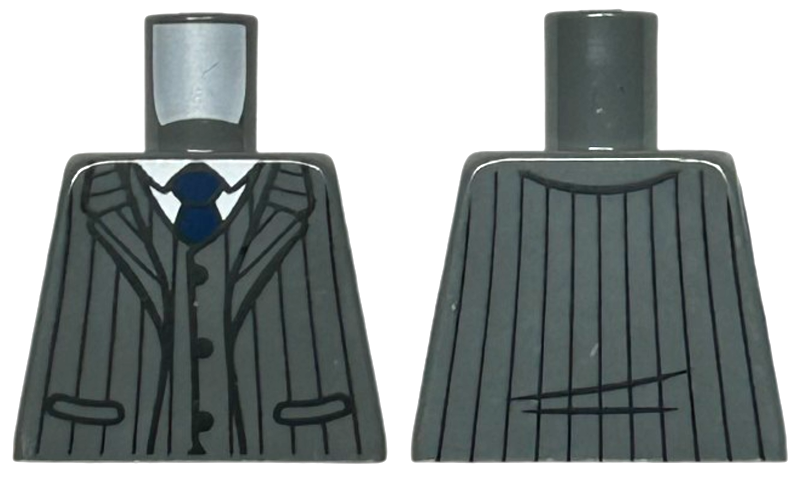 Torso Suit Jacket Open with Pockets and Black Pinstripes over Vest with Buttons and White Shirt, Dark Blue Tie Pattern