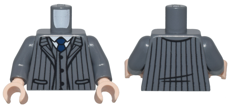 Torso Suit Jacket Open with Pockets and Black Pinstripes over Vest with Buttons and White Shirt, Dark Blue Tie Pattern / Dark Bluish Gray Arms / Light Nougat Hands