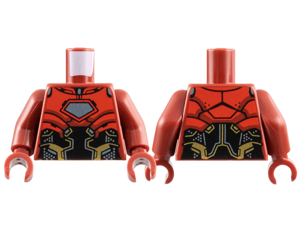 Torso Armor, Large Silver Pentagon Arc Reactor, Red Plates, Black Midriff, Gold Trim, Dark Bluish Gray Dots Pattern / Dark Red Arms / Dark Red Hands