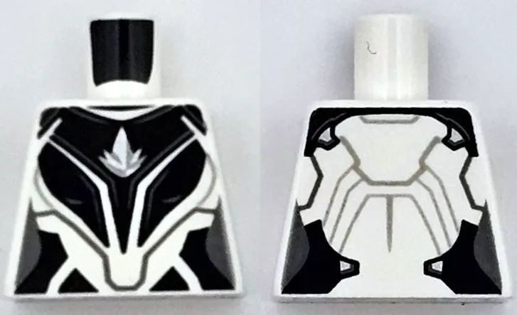 Torso Female Super Hero Costume with Black Armor Panels, Dark Bluish Gray Lines, Silver Logo on Chest Pattern