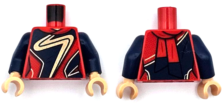 Torso Female Super Hero Costume with Dark Blue Panels, Gold Zigzag and Trim, Dark Red Dots, Sash Ends on Back Pattern / Dark Blue Arms / Medium Tan Hands