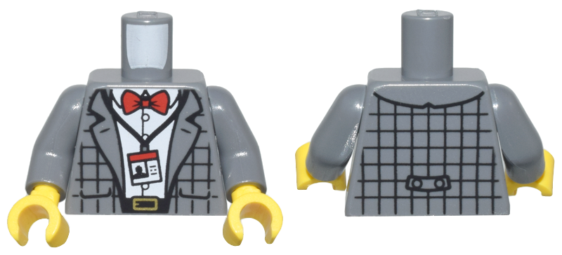 Torso Plaid Suit Jacket Open over White Button Up Shirt, Red Bow Tie, ID Badge on Lanyard, Black Belt with Gold Buckle Pattern / Dark Bluish Gray Arms / Yellow Hands