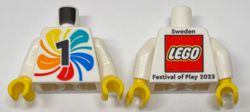 Torso Festival of Play 2023 Sweden with Swirl of Colors, Number 1 and LEGO Logo on Back Pattern / White Arms / Yellow Hands