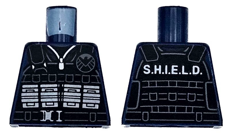 Torso Black Tactical Vest with Silver Ammo Pouches and Buckle, Light Bluish Gray Shield Logo and White 'S.H.I.E.L.D.' Pattern