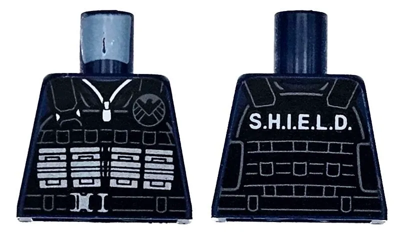Torso Black Tactical Vest with Silver Ammo Pouches and Buckle, Light Bluish Gray Shield Logo and White 'S.H.I.E.L.D.' Pattern