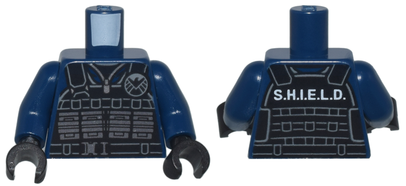 Torso Black Tactical Vest with Silver Ammo Pouches and Buckle, Light Bluish Gray Shield Logo and White 'S.H.I.E.L.D.' Pattern / Dark Blue Arms / Black Hands