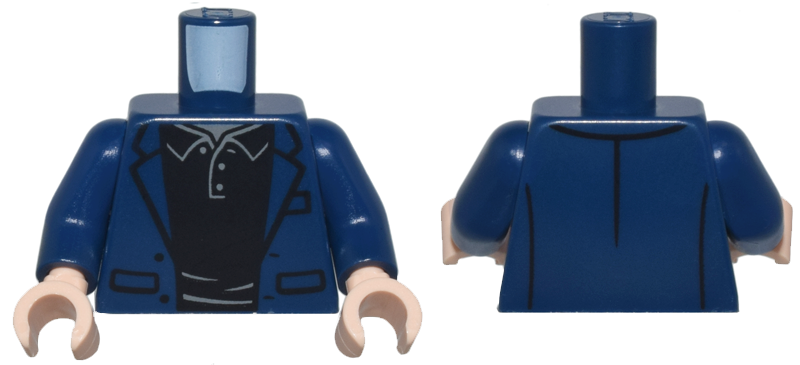 Torso Jacket Open with Pockets over Black Shirt with Dark Bluish Gray Buttons and Collar Pattern / Dark Blue Arms / Light Nougat Hands