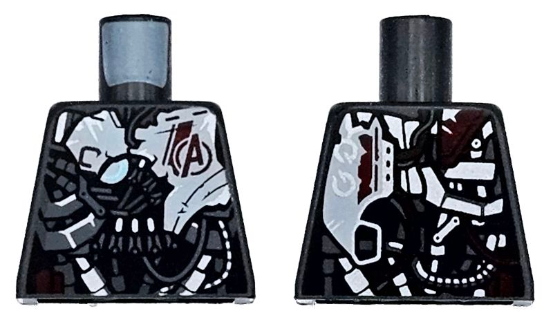 Torso Armor Robot with Black, White, Silver and Dark Bluish Gray Panels and Dark Red Avengers Logo Pattern