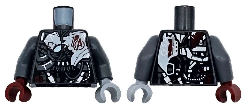 Torso Armor Robot with Black, White, Silver and Dark Bluish Gray Panels and Dark Red Avengers Logo Pattern / Dark Bluish Gray Arms / Light Bluish Gray Hand Left / Dark Red Hand Right