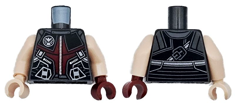 Torso Armor Dark Red, Dark Bluish Gray and Black Panels with Silver Zipper, Shield Logo and Lines Pattern / Light Nougat Arms / Dark Red Hand Left / Light Nougat Hand Right