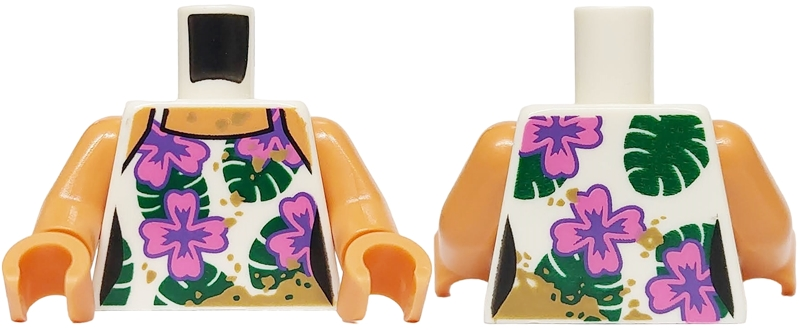 Torso Female Sleeveless Shirt with Dark Pink Flowers and Dark Green Leaves, Dark Tan Dirt Stains, Nougat Neck and Shoulders Pattern / Nougat Arms / Nougat Hands