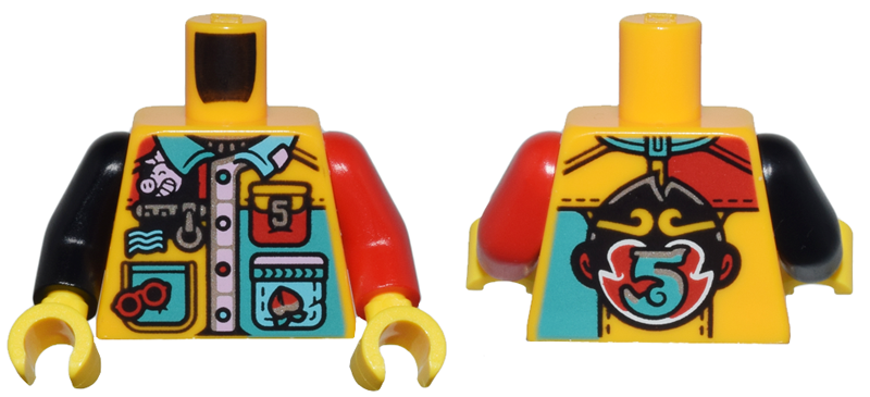 Torso Shirt with Collar, Buttons, Pockets, Red Glasses, Zipper, and Monkie Kid Logo with Number 5 Pattern / Red Arm Left / Black Arm Right / Yellow Hands