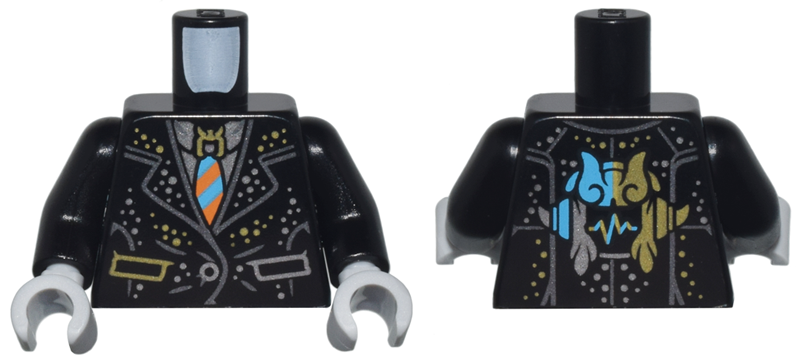 Torso Suit with Gold and Silver Trim, Pockets, and Dots, Dark Azure and Orange Striped Tie, and Helmet Logo Pattern / Black Arms / Light Bluish Gray Hands