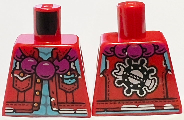 Torso Vest with Pockets over Medium Azure Bare Chest, Large Magenta Beads, and Silver Crescent Staff Emblem Pattern