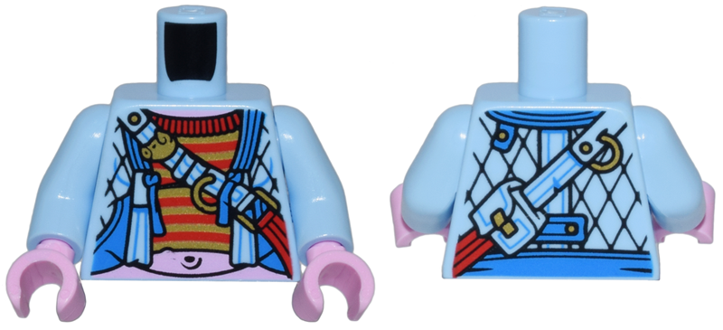 Torso Open Quilted Jacket over Red and Gold Striped Shirt and Bright Pink Stomach, Strap with Pouch Pattern / Bright Light Blue Arms / Bright Pink Hands