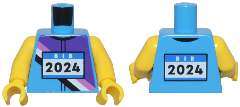 Torso Jersey with Dark Purple, Dark Pink, Black and White Diagonal Stripes, Blue Race 'BIB' and '2024' Pattern / Yellow Arms / Yellow Hands