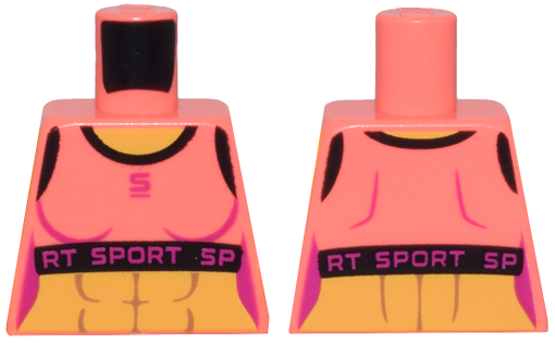Torso Female Crop Top, Black Trim, Magenta 'SPORT' over Yellow Bare Skin with Muscles Pattern