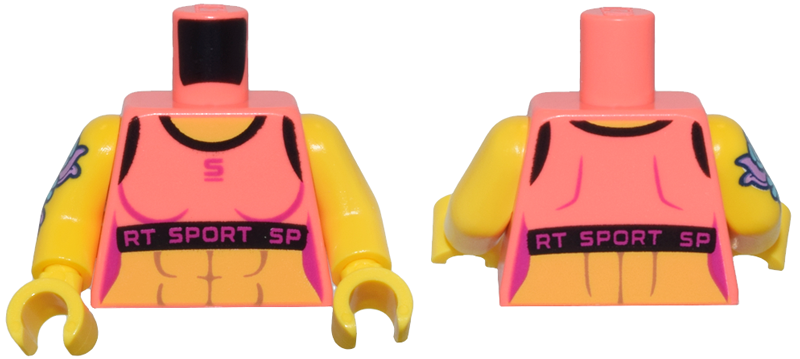 Torso Female Crop Top, Black Trim, Magenta 'SPORT' over Yellow Bare Skin with Muscles Pattern / Yellow Arm Left / Yellow Arm Right with Flower Tattoo Pattern / Yellow Hands