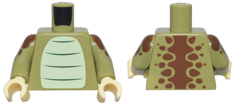 Torso Yellowish Green Stomach, Dark Green Stripes, and Reddish Brown Dinosaur Spine and Spots Pattern / Olive Green Arms with Dinosaur Spots Pattern / Tan Hands