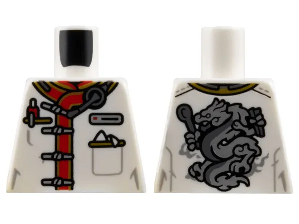 Torso Restaurant Uniform, Red and Gold Trim, Silver Name Badge, Strap Buttons and Dragon on Back Pattern