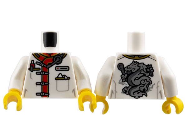 Torso Restaurant Uniform, Red and Gold Trim, Silver Name Badge, Strap Buttons and Dragon on Back Pattern / White Arms / Yellow Hands
