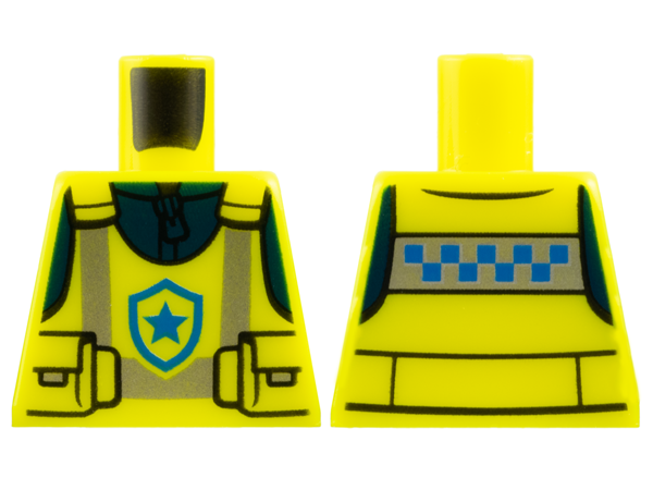 Torso Police Safety Vest with Pouches, Silver Reflective Stripes, and Blue Star Badge Logo over Dark Blue Jacket with Zipper Pattern