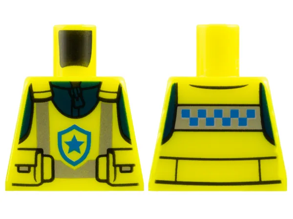Torso Police Safety Vest with Pouches, Silver Reflective Stripes, and Blue Star Badge Logo over Dark Blue Jacket with Zipper Pattern