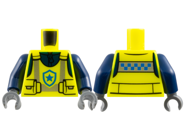 Torso Police Safety Vest with Pouches, Silver Reflective Stripes, and Blue Star Badge Logo over Dark Blue Jacket with Zipper Pattern / Dark Blue Arms / Dark Bluish Gray Hands