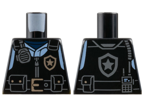 Torso Police Safety Vest, Silver Star Badge Logo, Dark Bluish Gray Radio, Belt with Buckle and Pouches, Bright Light Blue Shirt Pattern