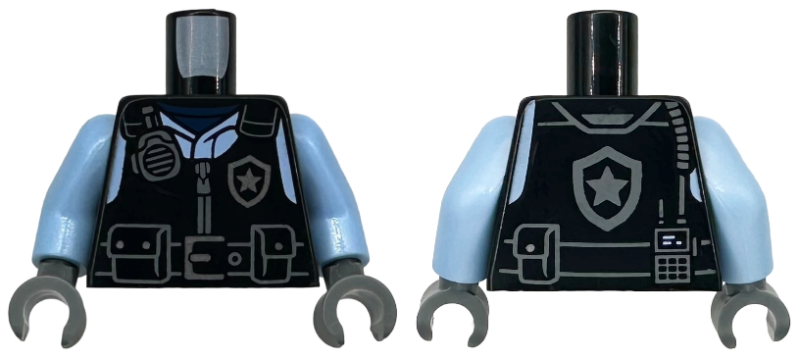 Torso Police Safety Vest, Silver Star Badge Logo, Dark Bluish Gray Radio, Belt with Buckle and Pouches, Bright Light Blue Shirt Pattern / Bright Light Blue Arms / Dark Bluish Gray Hands