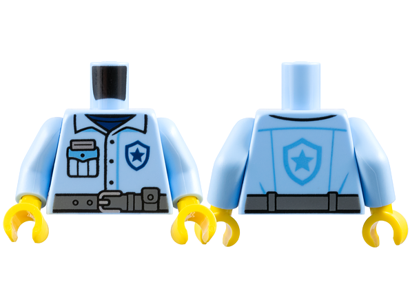 Torso Police Shirt with Dark Blue and Medium Blue Star Badge Logo and Pocket and Dark Bluish Gray Belt Pattern / Bright Light Blue Arms / Yellow Hands